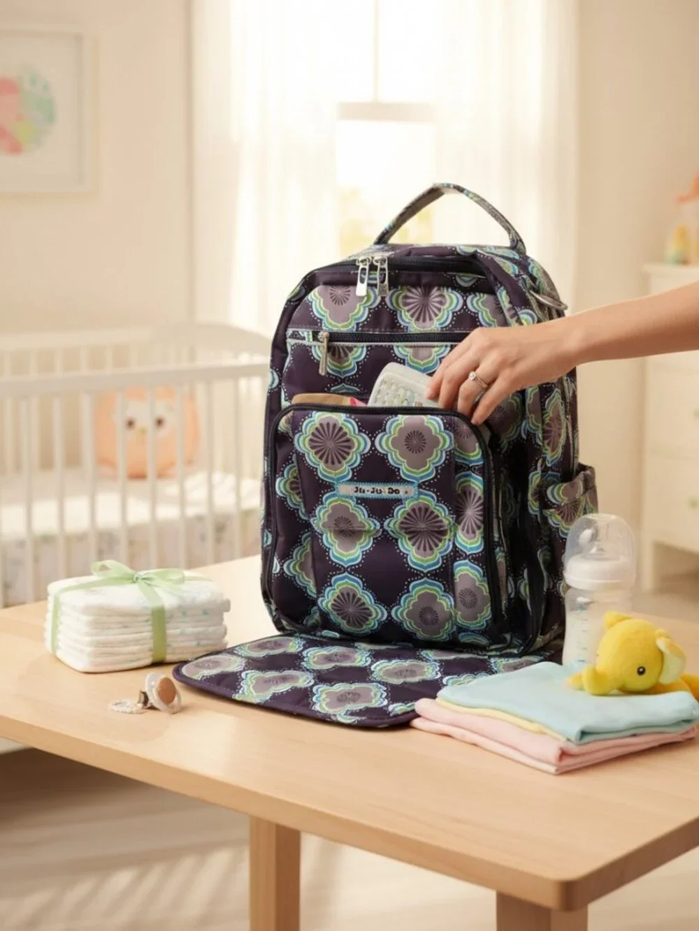 JuJuBe Be Right Back Diaper Bag Backpack Whimsical Whisper Changing Pad